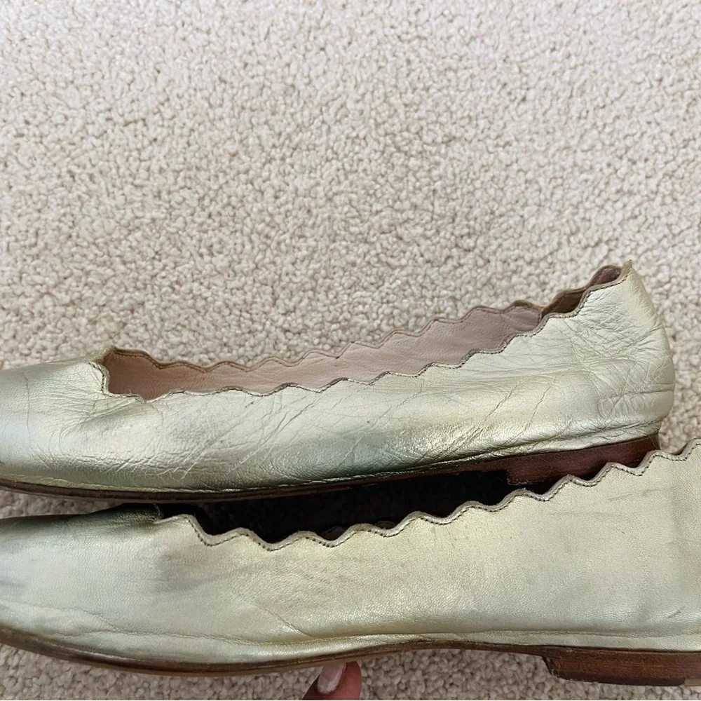 CHLOE LAUREN GOLD LEATHER BALLET 34 4 GIRLS HOLIDAY FLATS SCALLOPED EDGE SLIP IN